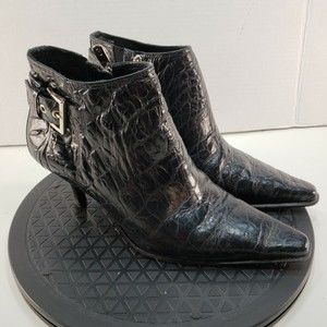 Donald J Pliner Loni Bootie Heel Pointed Toe Croc Black Leather Women's US 8
